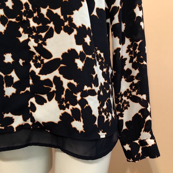 The Limited Navy Blue Orange Long Sleeve Floral V Neck Blouse Lined Small - Picture 4 of 9